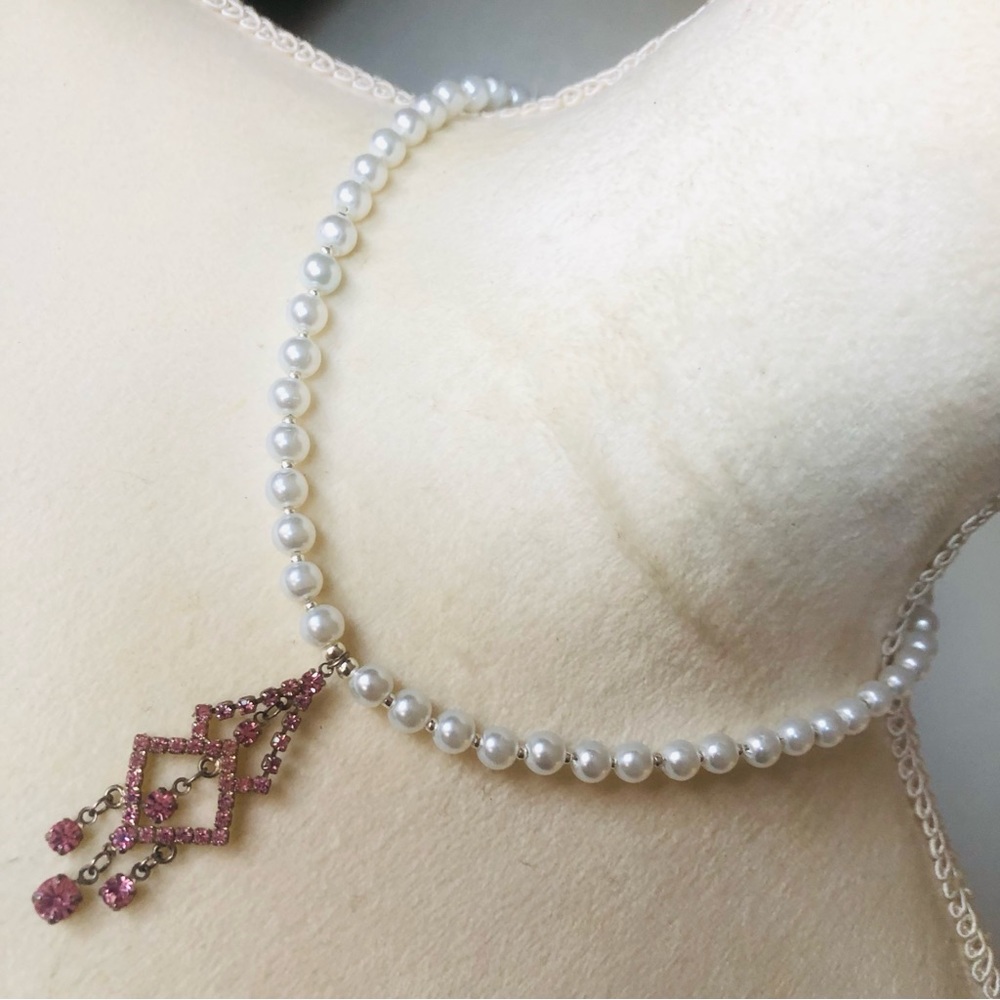 Handcrafted repurpose elegant pink chandelier pendant Czech glass Pearl necklace